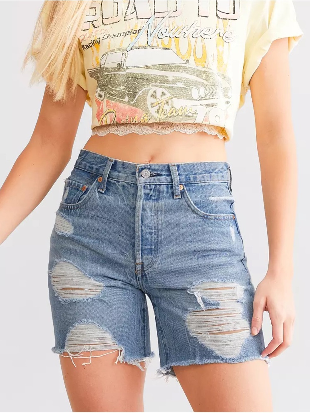 Levi’s Sz 27 Mid Thigh High-Waisted Distressed Denim Shorts - Light Blue